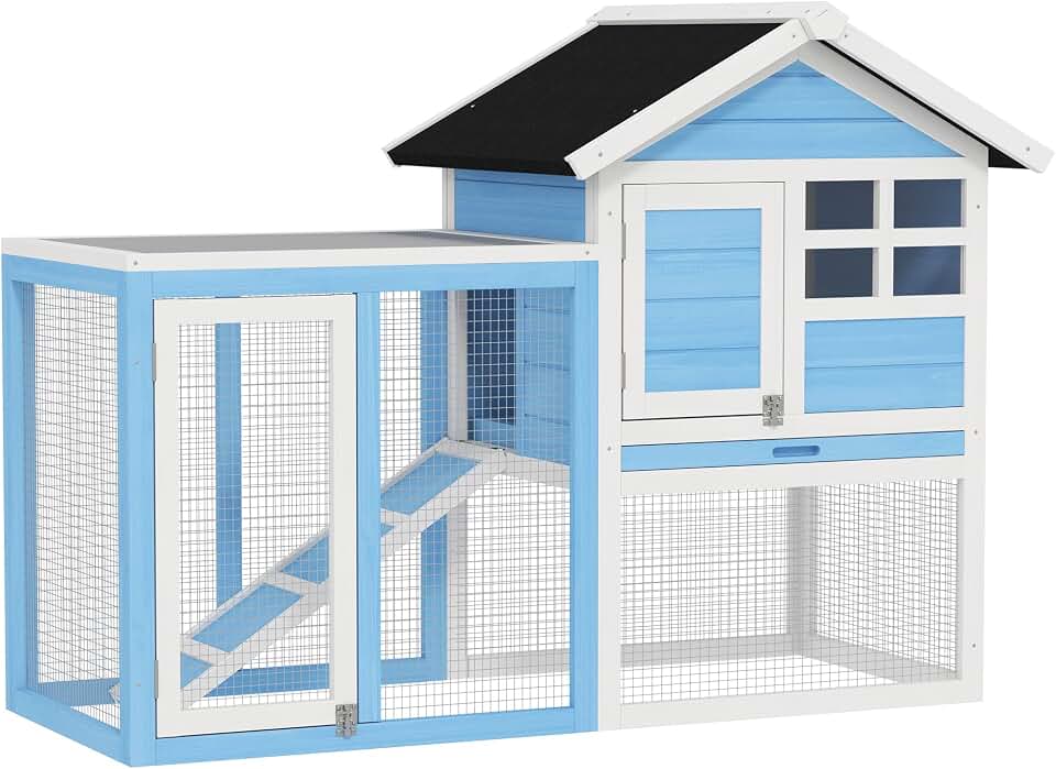 PawHut 49" Wooden Rabbit Hutch Bunny Cage with Fun Outdoor Run Light Blue | Waterproof Asphalt Roof, Removable Tray and Ramp, for Rabbits, Chickens, Ducks