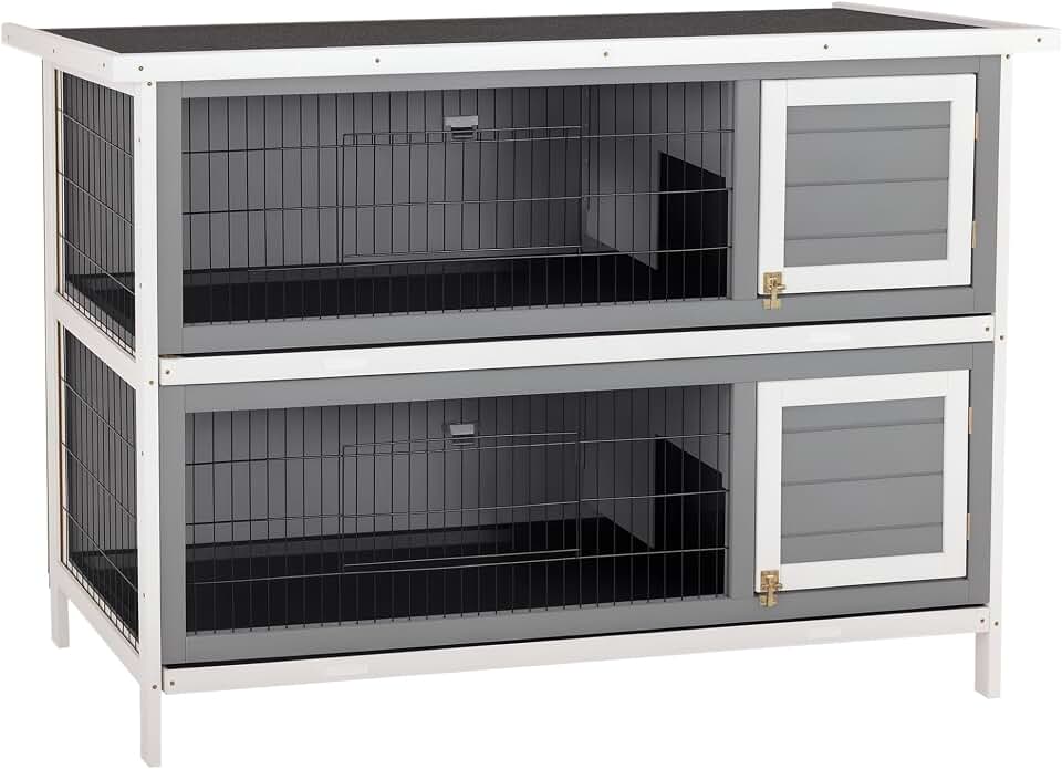 PawHut 54" 2-Story Large Rabbit Hutch Bunny Cage Wooden Pet House Small Animal Habitat with Lockable Doors, No Leak Tray and Waterproof Roof for Outdoor/Indoor Dark Grey | Wooden Pet House, Small Animal Habitat, No Leak Tray, Waterproof Roof, for Chickens Ducks, Outdoor/Indoor