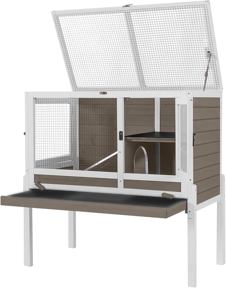 Aivituvin Guinea Pig Cages, Rabbit Hutch with Anti-Chew Frame, Bunny Cage with Cleaning Sliding Tray, 3 Openable Areas, Assemblable Legs, Ramp &amp; Hideout Included - Brown