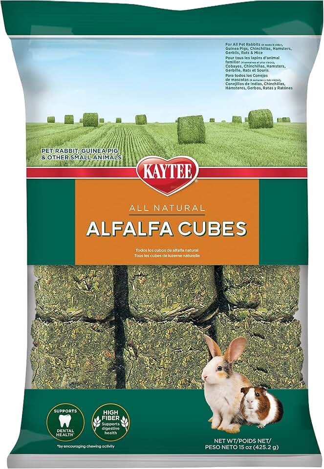 Kaytee Alfalfa Cubes for Rabbits and Guinea Pigs, 15 Oz | Fiber-rich rabbit treats. Sun-cured alfalfa cubes for guinea pig treats. High protein, no artificial colors or preservatives