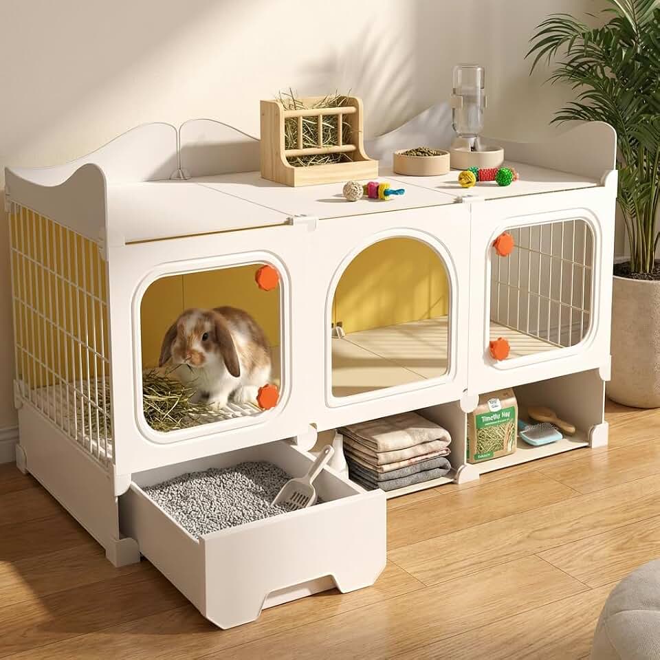 Rabbit Cage with Storage Space, Transparent Door &amp; Waste Collection Tray – Sturdy, Spacious, &amp; Easy-to-Clean – Ideal for Rabbits, Guinea Pigs, and Small Pets