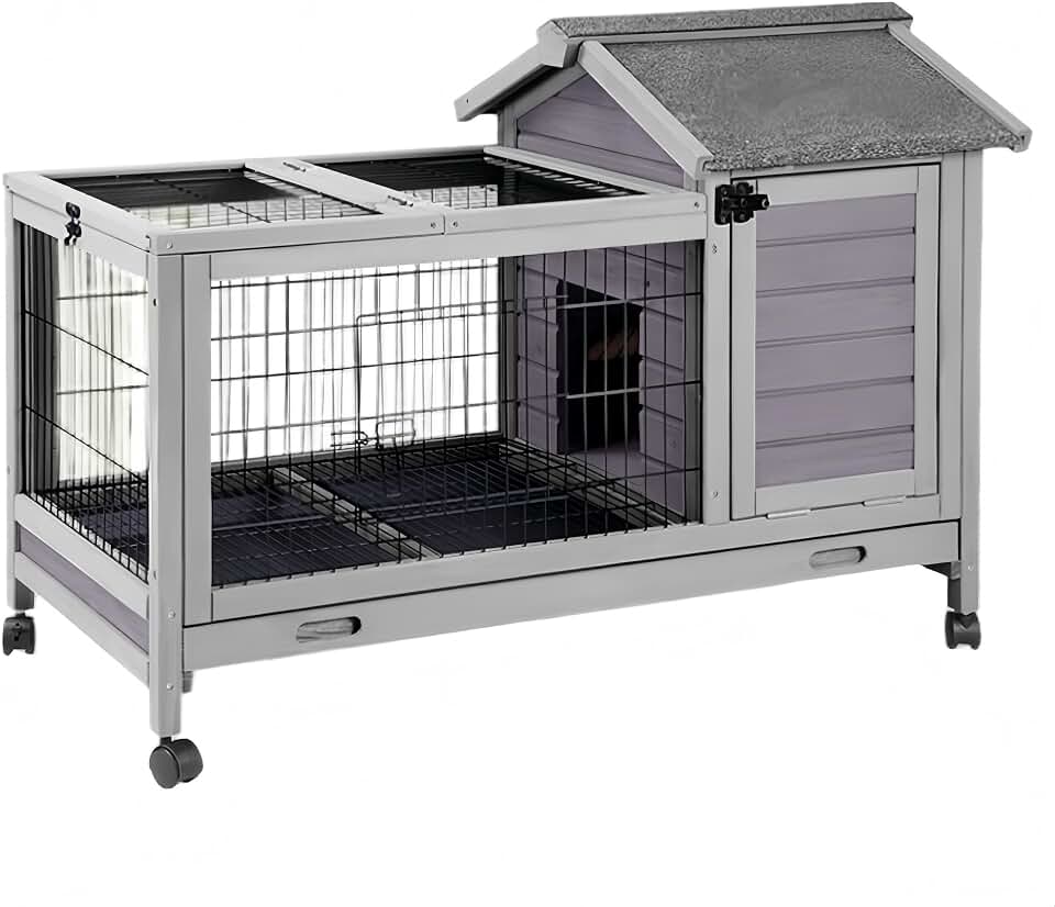 Wooden Rabbit Hutch Indoor and Outdoor, Rabbit Cage with Removable Wire Netting and Leak Proof Tray, Mobile Bunny Cage with Wheels (Grey)