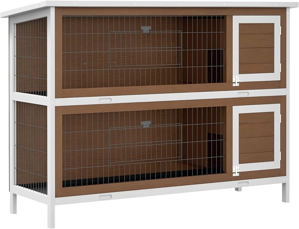 PawHut 54" 2-Story Large Rabbit Hutch Bunny Cage, Lockable Doors Brown | Wooden Pet House, Small Animal Habitat, No Leak Tray, Waterproof Roof, for Chickens Ducks, Outdoor/Indoor