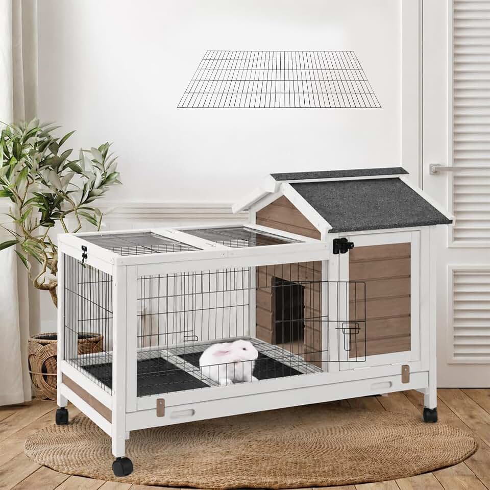 Rabbit Hutch Indoor Bunny Cage Outdoor Wood House with Wire Mesh,Brown | Openable Asphalt Roof Rabbit Cage, Bunny Hutch With Run&amp;Wheels, 5 Access Areas, Pull-Out Tray, Natural Fir Frame,Small Animal