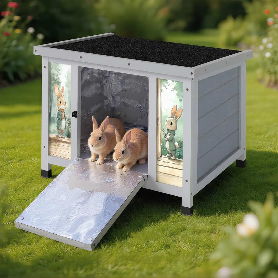 Coziwow 24" Bunny Hutch for Outdoor &amp; Indoor Use - Solid Wood Rabbit Cage with Detachable Insulation Liner, Lightweight Weatherproof Shelter for Cats, Rabbits, Small Animals, Gray The Forest Stewardship Council