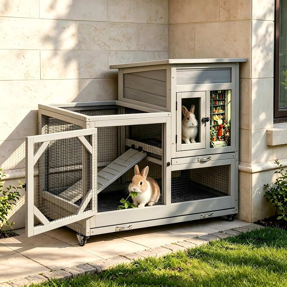 COZIWOW Rabbit Hutch Indoor Outdoor Bunny Cage with Wire Floors, Gray | 2 Wire Floors &amp; Removable Trays, 2-Story Large Wooden Rabbit Cage on Wheels, Chewproof Ramp for Multiple Small Animals The Forest Stewardship Council