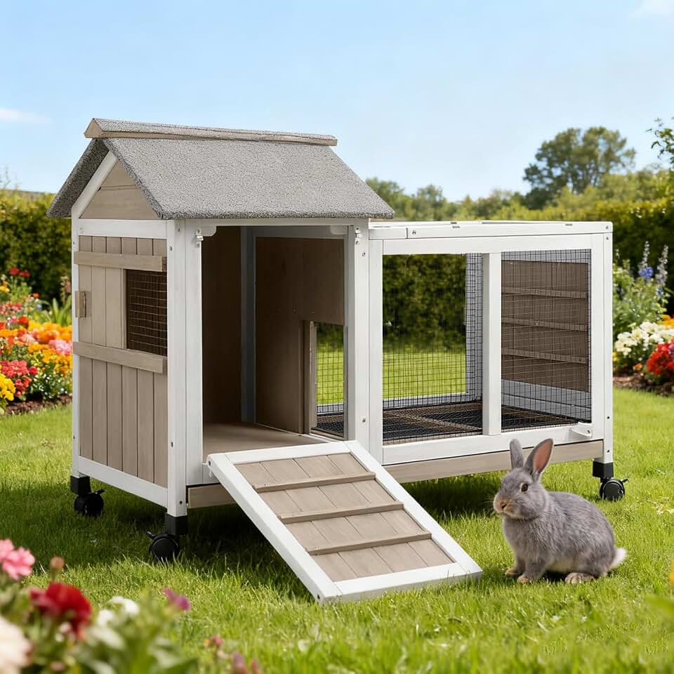 38" L Expandable Rabbit Hutch with Run, 2-Story Bunny Cage on Wheels | Guinea Pig Cage with Pull-Out Tray and Expandable Design for Small to Medium Animals, Indoor and Outdoor Use Recycled Claim Standard Blended