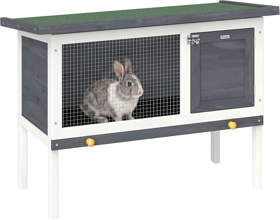 PawHut Outdoor Rabbit Hutch Pull-Out Tray for Rabbits Small Animals Gray | Wooden Bunny Cage, Openable Roof, Elevated Guinea Pig Cage, for Chinchillas, Indoor Outdoor Use