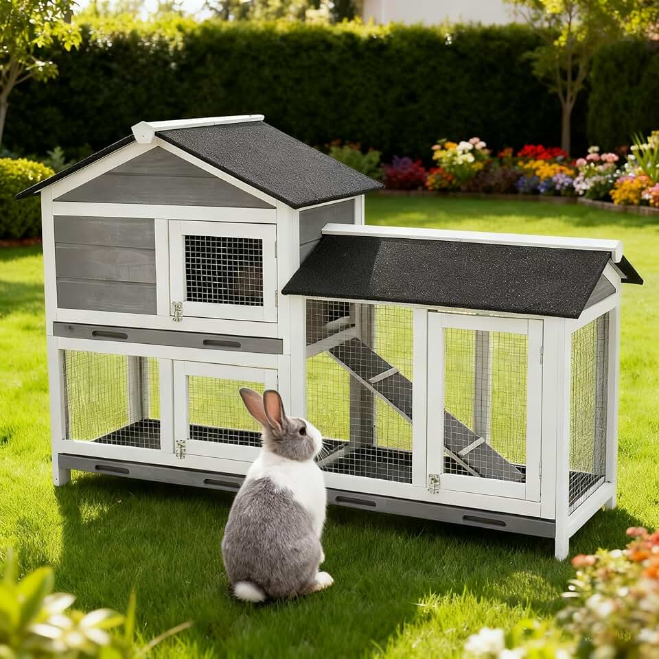 Garvee 63'' Bunny Hutch Indoor Bunny Cage, Rabbit Hutch, 2-Tier Bunny House | with 3 Leak-Proof Removable Trays,Wooden Waterproof Roof Indoor/Outdoor Bunny Cage, Chicken Coop, Gray and Black