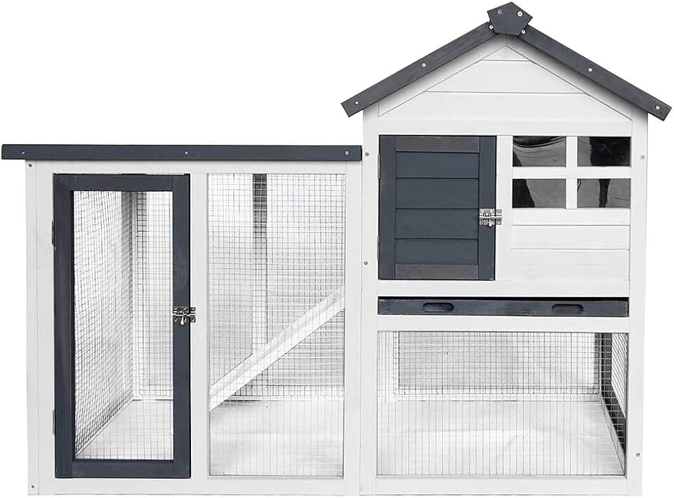 BIRASIL Wood Rabbit Hutch, Guinea Pig Cage with Pull Out Tray, 2 Levels Bunny House for Small Animals Outdoor Indoor (Gray, 48 Inch)