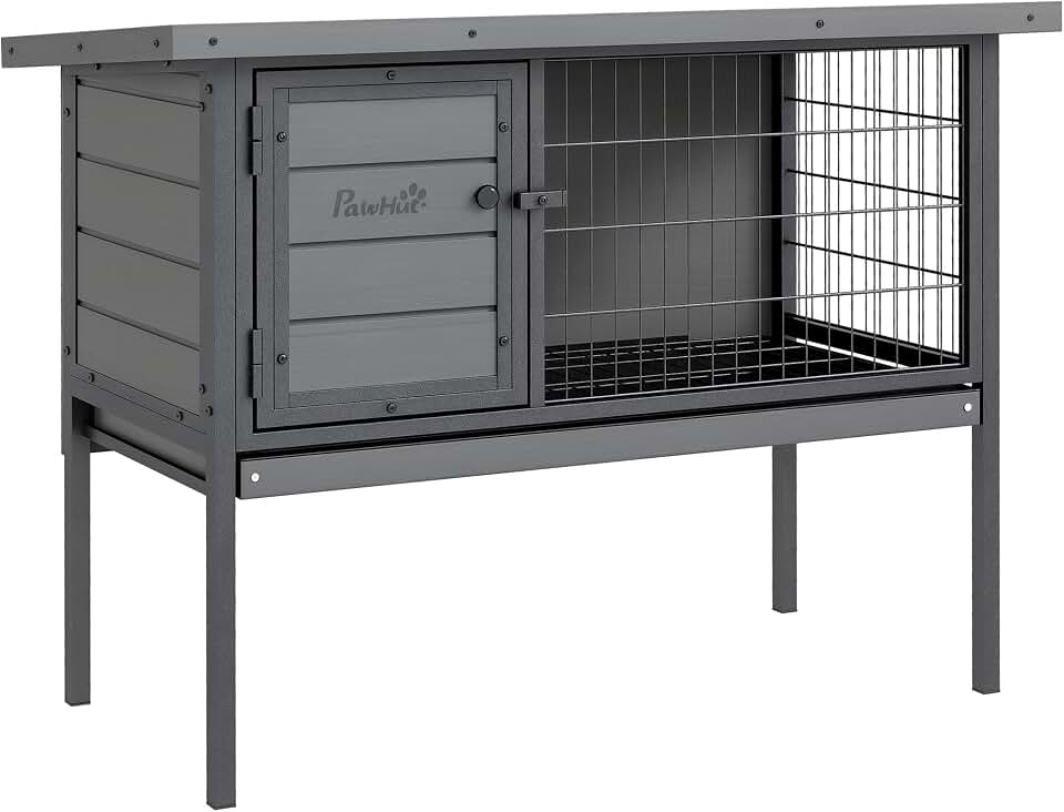 PawHut Rabbit Hutch Elevated Bunny Cage Small Animal Habitat with Metal Frame, No Leak Tray, Metal Wire Pan and Openable Water-Resistant Asphalt Roof for Indoor/Outdoor Gray | Small Animal Habitat, No Leak Tray, Metal Wire Pan, Openable Water-Resistant Asphalt Roof, Rabbits, Chickens, Ducks, Indoor