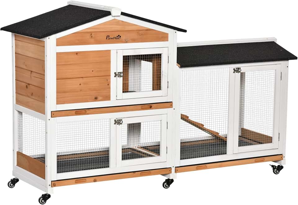 PawHut 62" Rabbit Hutch with Wheels for Rabbits, Chickens, Ducks, Nature | Wooden Bunny Hutch, Guinea Pig Cage, Small Animal Enclosure, Run Area, Removable Tray, Asphalt Roof, Lockable Doors &amp; Ramp