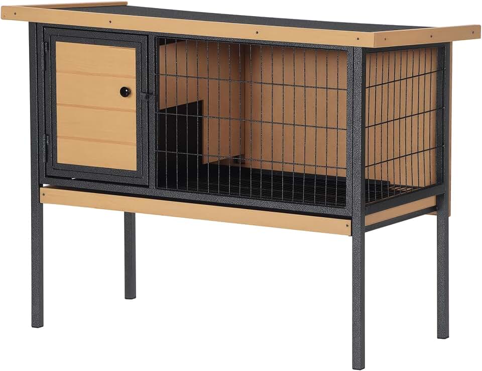 PawHut Rabbit Hutch Elevated Bunny Cage Metal Frame No Leak Tray Natural | Small Animal Habitat, No Leak Tray, Metal Wire Pan, Openable Water-Resistant Asphalt Roof, Rabbits, Chickens, Ducks, Indoor