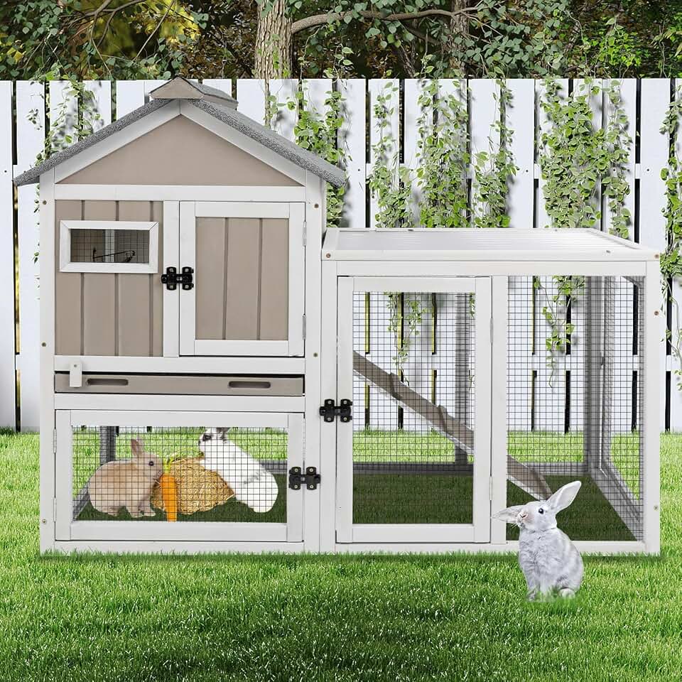 Ketive 48" L 2-Story Rabbit Hutch, Chew-Resistant Ramp, Expandable | Wooden Bunny Cage, Guinea Pig Cage with Deep Pull-Out Tray and Roof Panel for Small Animals, Indoor and Outdoor Use Recycled Claim Standard Blended