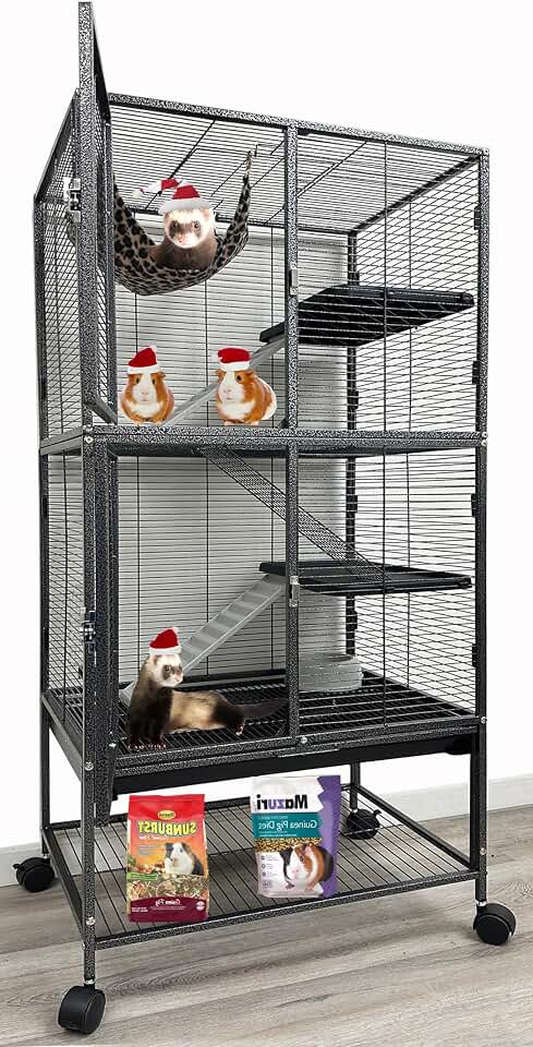 Large Two Full Story Deluxe Double Unit Small Animal Critters Rolling Cage | Habitat for Rats Chinchillas Ferrets Sugar Gliders, Sturdy Wrought Iron, Durable Full-Width Doors, Hammock Water Bottle Bowl