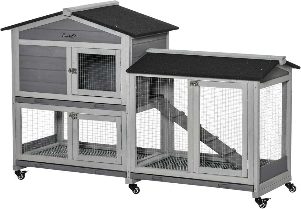 PawHut 62" Rabbit Hutch with Wheels for Rabbits, Chickens, Ducks, Gray | Wooden Bunny Hutch, Guinea Pig Cage, Small Animal Enclosure, Run Area, Removable Tray, Asphalt Roof, Lockable Doors &amp; Ramp