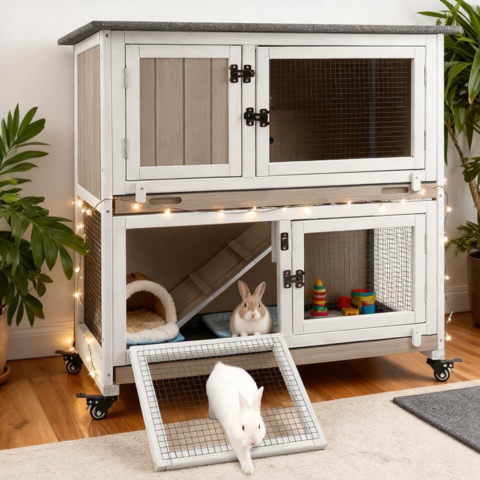Gowoodhut 36" L Rabbit Hutch, 2-Story Bunny Cage on 4 Wheels | Guinea Pig Cage with Dual Deep Trays, 4 Metal Wheels and Ramp Access for Small Animals, Indoor and Outdoor Use Recycled Claim Standard Blended