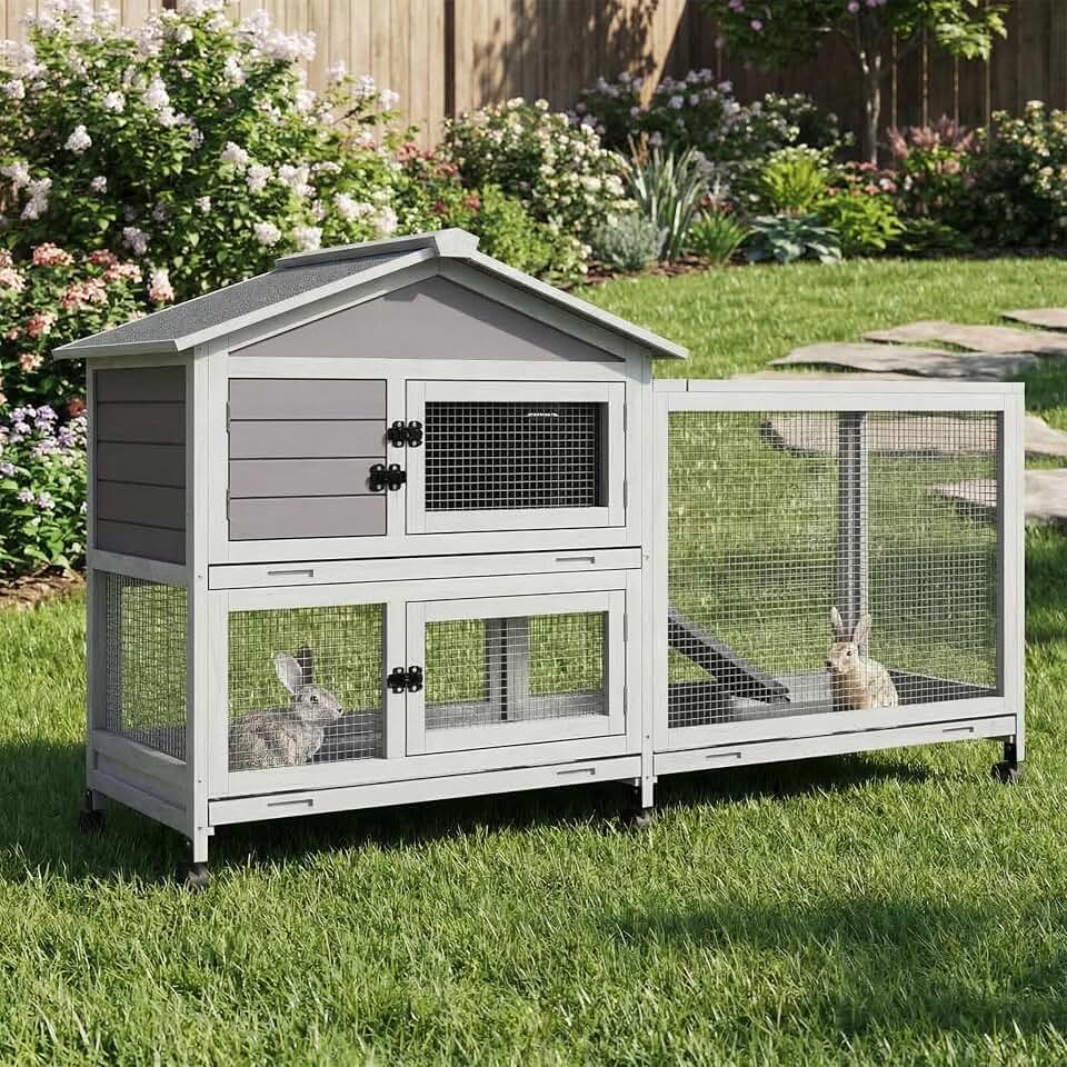 2-Story Wooden Rabbit Hutch &amp; Chicken Coop with Wheels, Indoor/Outdoor Bunny Cage with Waterproof Roof, Removable Cleaning Tray &amp; Access Ramp for Chicken, Rabbit