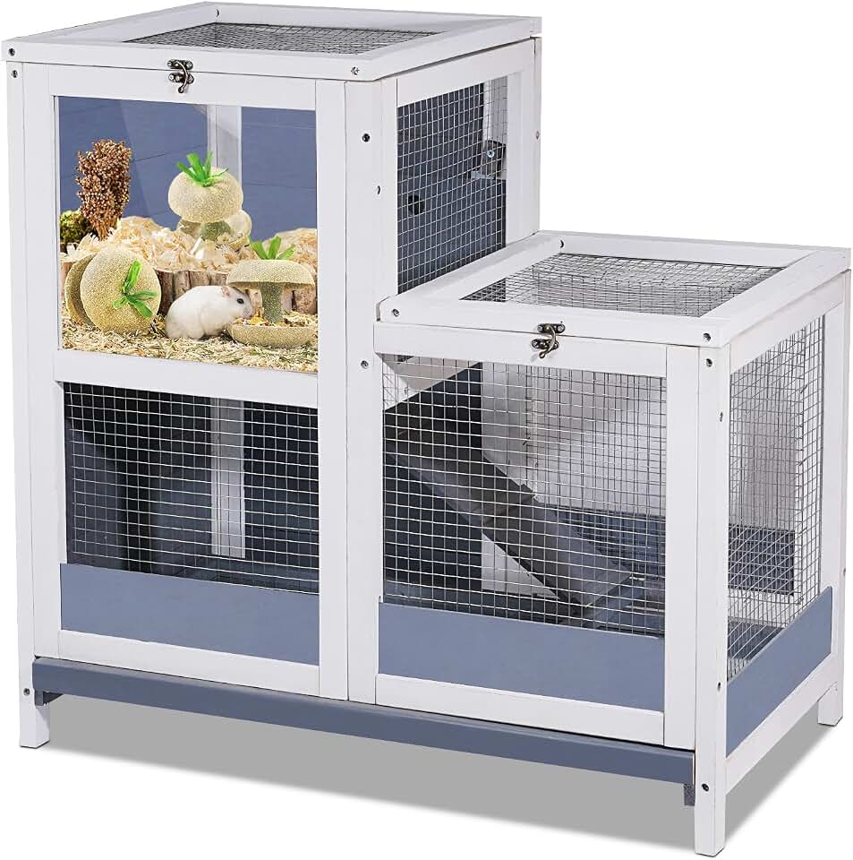 2-Story Guinea Pig Cages Wooden Indoor Rabbit Hutch Hamster Cage with Openable Roofs, Removable Tray and Wide Ramp, Small Animal Habitats for Hamsters, Guinea Pig, Ferrets, Hedgehog