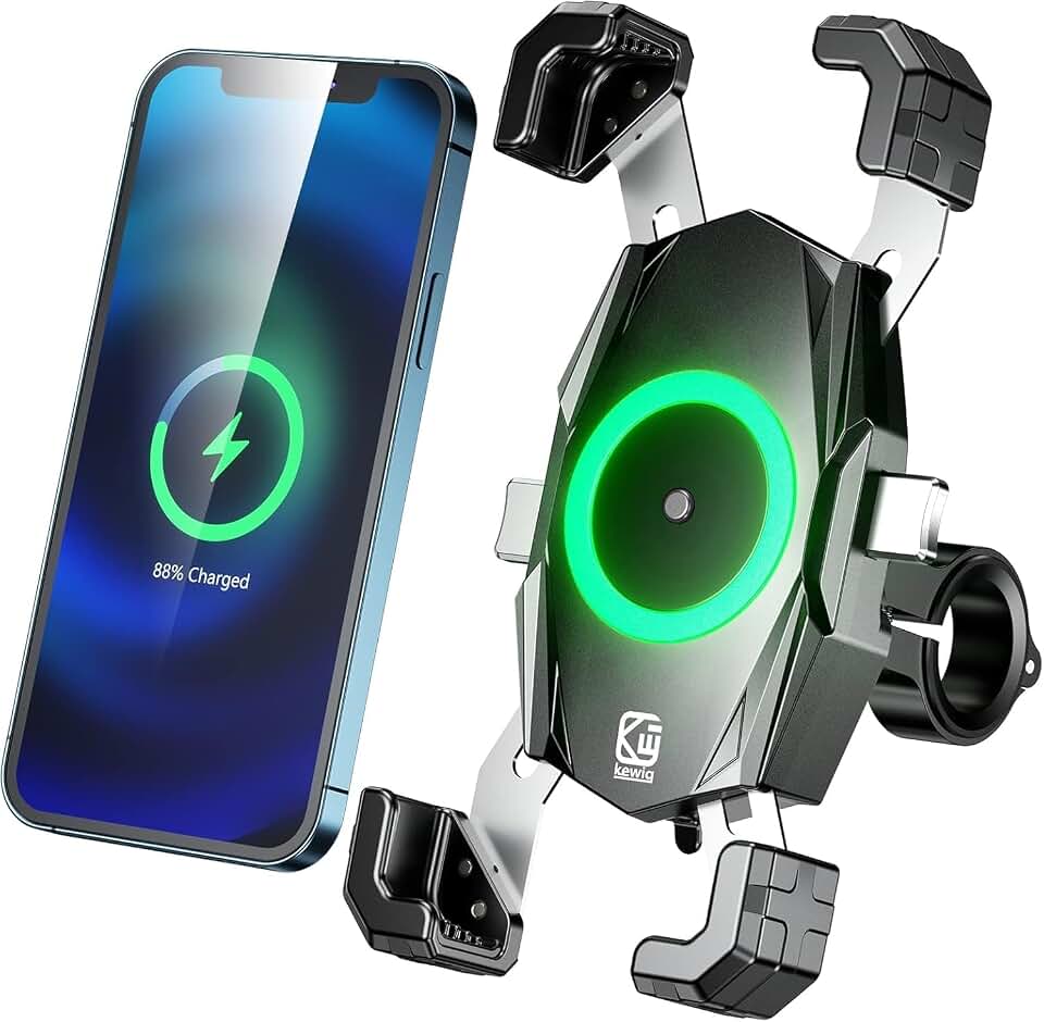 Kewig Motorcycle Phone Mount Qi 15W Wireless &amp; USB C 20W Fast Charging Port | Bike Phone Holder One-Push Automatically Lock &amp; Quick Release Handlebar Phone Holder for 4.0-6.9" Phone