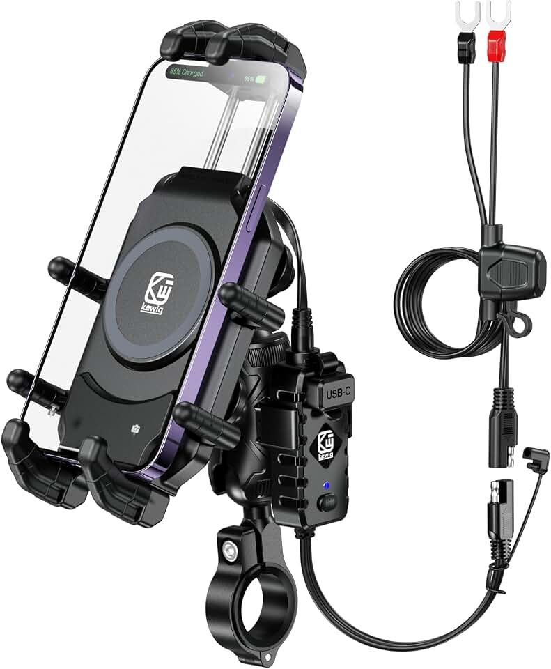 BRCOVAN Motorcycle Phone Mount with Qi Wireless &amp; USB-C Charger | Qi 15W &amp; PD 30W, Anti-Theft Handlebar Cellphone Holder with Vibration Dampener, Adjustable for 5.4-7.2'' Smartphone