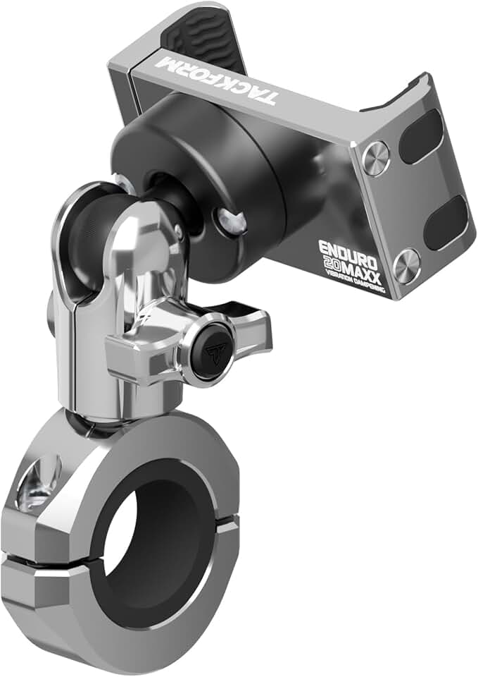 Tackform Chrome Motorcycle All Metal Phone Mount - Vibration Dampening 20MAXX Spring Cradle | Universal Clamp Fits 7/8" to 1-1/4" Handlebars | Compatible with iPhones, Galaxy, More | Short Reach Arm