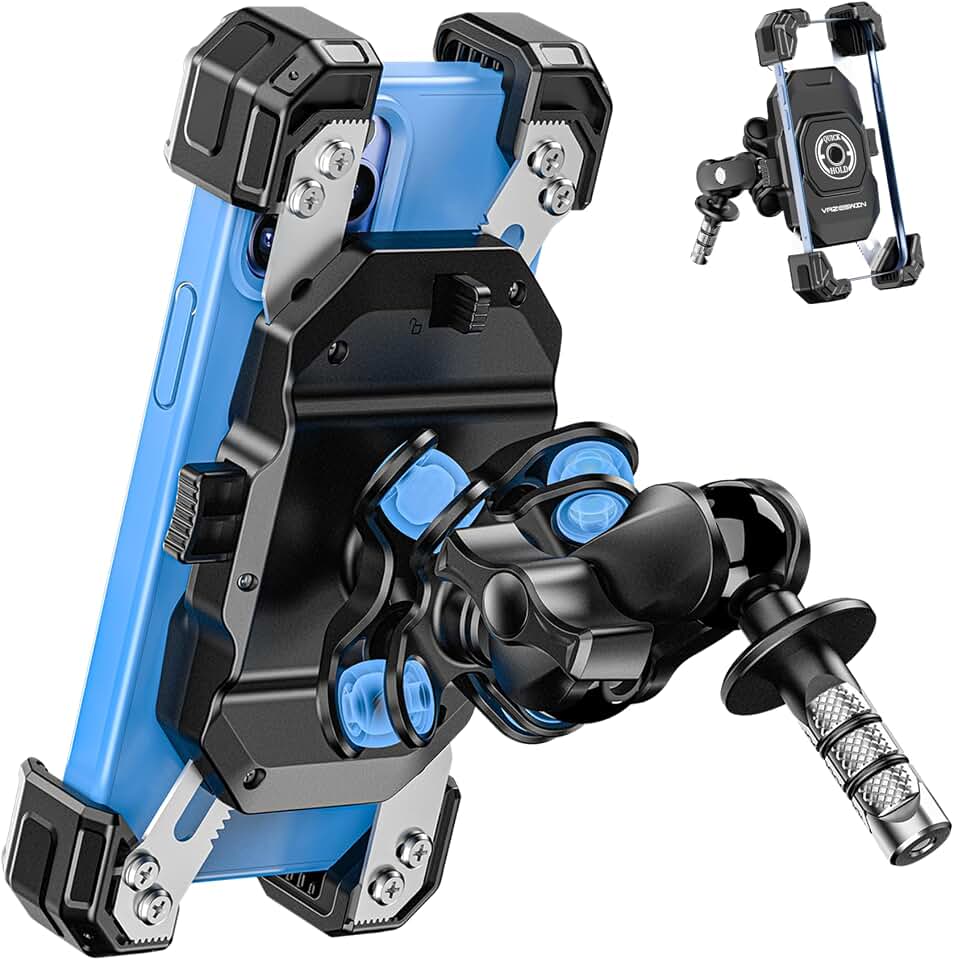 VAZESWIN Motorcycle Fork Stem Phone Mount with Vibration Dampener, 1s Lock | Motorcycle Cell Phone Holder with Aluminum Alloy Anti-Theft Arm, for 12-25.4mm Diameter Fork Stem Tubes, for 5.5"-7.2" Phones