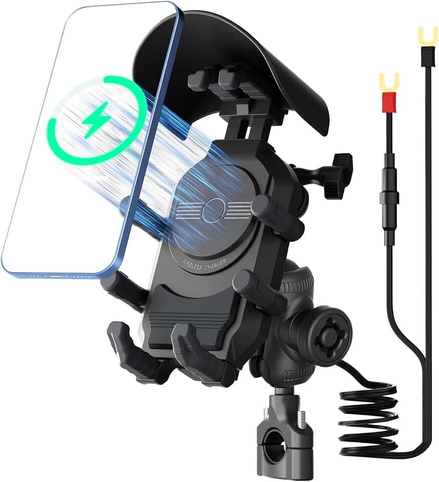 Motorcycle Phone Mount with 15W Wireless Charger &amp; PD/USB-C USB Quick Charger Anti Vibration Theft Motorcycle Phone Holder with Sun Shade for Motorcycles