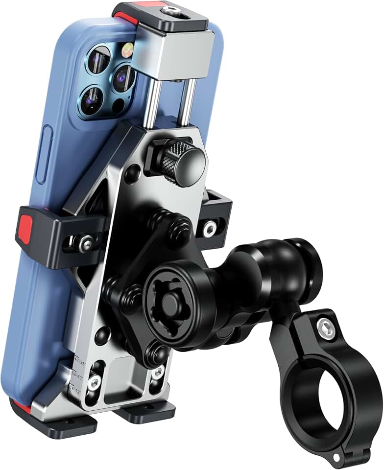 BRCOVAN Anti-Theft Aluminum Alloy Motorcycle Phone Mount Holder, Silver | with Vibration Dampener &amp; Secure Lock, Adjustable Handlebar Cellphone Cradle for Bike Scooter ATV, Fit 4.7-7.2'' Smartphone