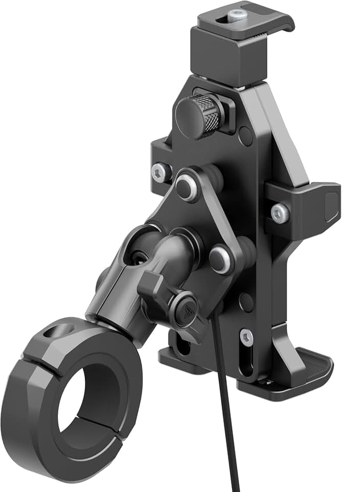 Tackform Aluminum Motorcycle Adventure Phone Mount - Vibration Dampening and Wireless Charging | Fits 1-1/4" to 1-1/2" Handlebars | Compatible with iPhone, Galaxy, More | Short Reach Arm | Black