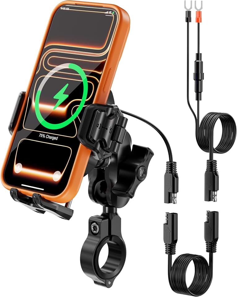 Kewig Motorcycle Phone Mount with Qi 15W Wireless &amp; 36W USB C Charging Port | Anti-Theft Handlebar Cellphone Holder with Vibration Dampener for Bike Scooter ATV, Fit 5.4-7.2" Phone