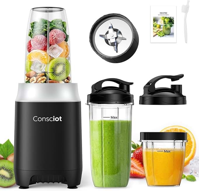 Consciot CB10 11Pcs Personal and Countertop Blender Combo, 900 Peak Watts | Make Shakes &amp; Smoothies, Frozen Drinks, Baby Food, Spreads &amp; More, 3 Portable BPA Free To-Go Cups, 2 Spout-Lids and 1 Flat-Lid ClimeCo Certified