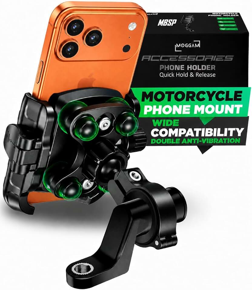 Motorcycle Phone Mount Anti Vibration Mirror &amp; Handlebar Scooter | Cell phone holder for motorcycle with vibration dampener, fits round bars 7/8 to 1-1/4 in or any threaded mirror stem