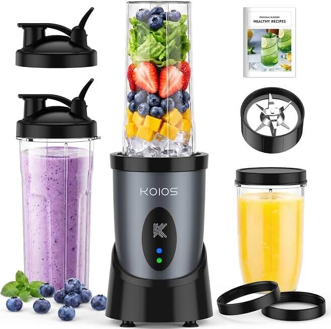 KOIOS Smoothie Blender Kitchen, 900W Personal Blender with 3 To-Go Cups | (2) 23oz &amp; 16oz Cups, Blend Smoothies Shakes Juices Frozen Drinks, Dishwasher Safe Part, Twist-Lock, 14Pcs, Recipe, Grey Blue Global Recycled Standard