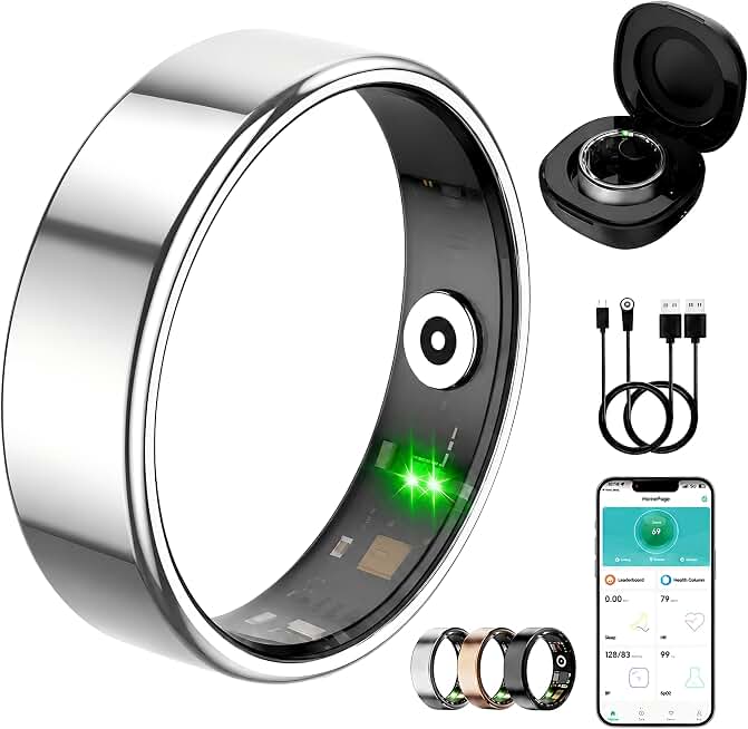Smart Ring for Women Men, Fitness Tracker Ring with Free App No Subscription Fee, 7 Days Battery Life, Sleep Monitor, Heart Rate &amp; Step Tracker, IP68 Waterproof, Android/iOS Compatible(Silver,9)
