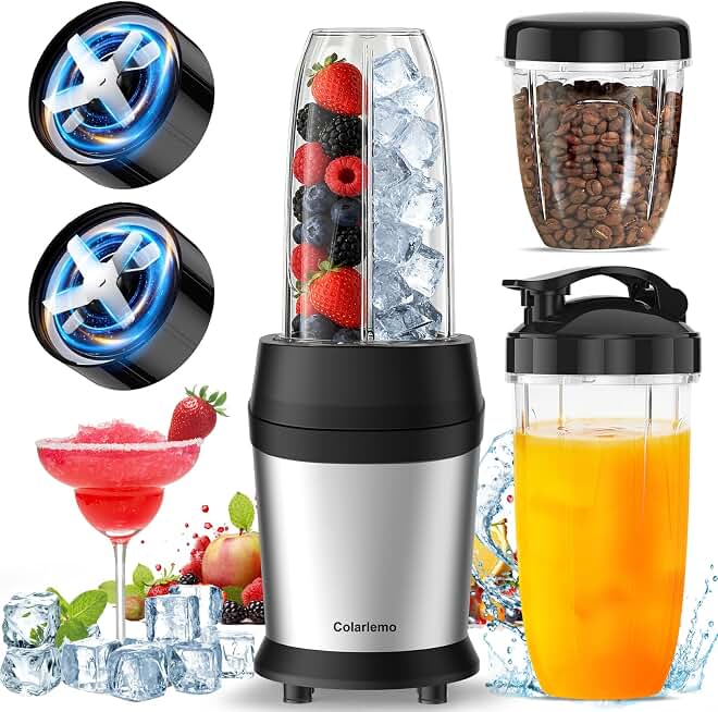 Colarlemo 1200W Smoothie Blender, Personal Kitchen Blender, Ice Crushing | 25000 RPM, Dishwasher Safe, 12Pcs, 6-Leaf Blade×2, 3 Cup Sizes, Smoothie Maker Grinder Frozen Drinks Nuts, Grey