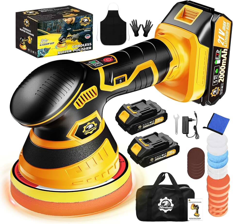 Cordless Car Buffer Polisher kit, DA Polisher with 2*21V Batteries | 2x 21V 2000mAh Batteries, 6-speed, LED Display, Random Orbital, 18 pcs Assorted Polishing Pads for Car Detailing-Yellow
