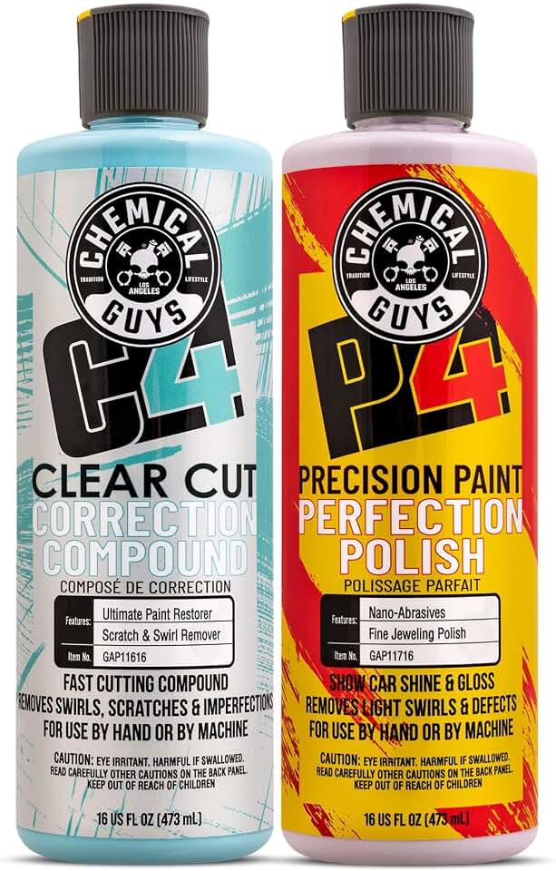 Chemical Guys, C4 &amp; P4 Compound &amp; Polish Paint Correction Kit, 2 x 16 oz | Cut scratches, swirls and towel marks with C4, then refine depth and gloss with P4, safe on clear coat paint