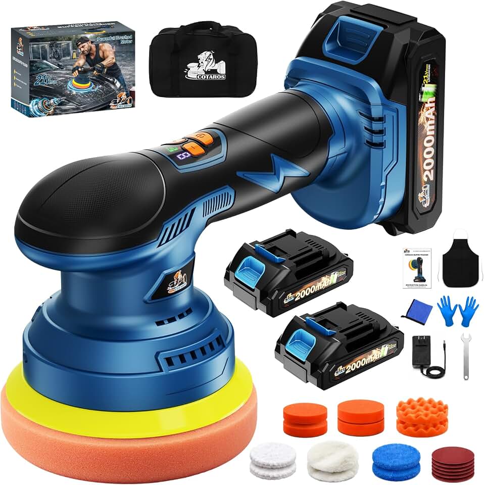 Cordless Car Buffer Polisher, 8-Speed, 2*21V 2000mAh Batteries | Random Orbital, 5IN Back Plate, LED Display, Includes 18pcs Polishing Pads Kit for Car Polishing, Wax &amp; Scratch Repair-Blue