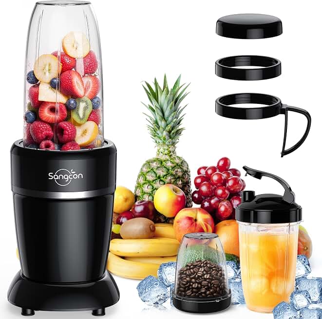 Sangcon 1000W Personal Smoothie Blender, Protein Shakes, Home &amp; Gym, Black | 3 To-Go Cups (37/32/22 oz) BPA-Free, 6-Leaf Blade, Home &amp; Gym, Protein Shakes, Coffee, Baby Food, Sauces, Top Dishwasher Safe