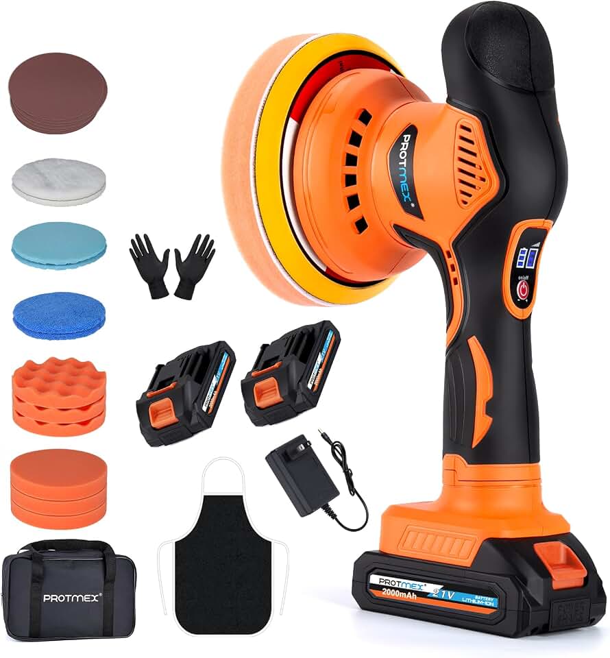 Protmex Cordless Car Buffer Polisher w/ 2x2000mAh 21V Batteries, Orange | 6 Inch Car Buffer Waxer Kit, Car Polishing Machine w/Extra 18 PCS Attachments &amp; 6 Variable Speeds