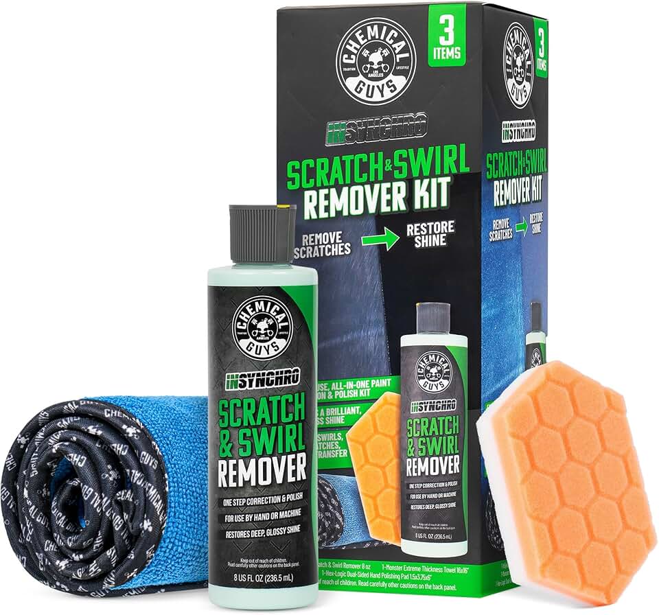 Chemical Guys, Insynchro Scratch &amp; Swirl Remover Hand Polishing Kit, 8 oz | Cuts scratches and swirls by hand with a Hex-Logic pad and microfiber towel, safe on all paint for at-home gloss