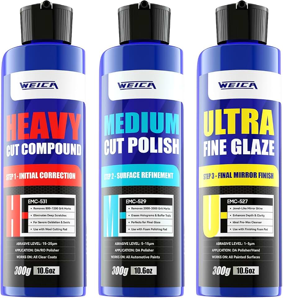 3-Step Car Polishing Compound Kit, Scratch and Swirl Remover, 32 oz | Three-step compound kit cuts defects, refines swirls and adds gloss to prepare automotive paint for wax or coating.