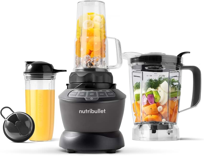 Nutribullet Full-Size Blender Combo, Single-Serve &amp; Large Capacity, 1200W, 64oz Pitcher, 32oz Cup, Extractor Blade, 3-Speed, Pulse, Smoothies, Soups, Sauces, Simple Cleaning, Dark Gray, NBF50500