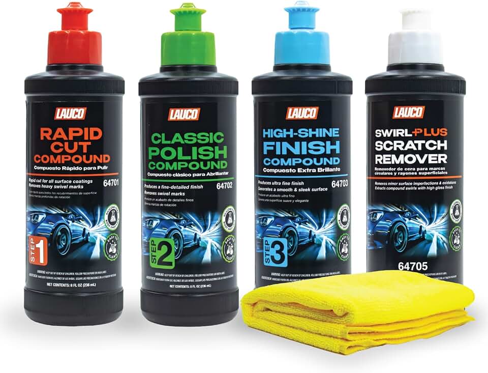 LAUCO Paint Correction Compounds Step 1, 2, 3, Swirl Remover 8oz Kits, with a Towel, Silicone-Free, Clear Coat Safe Scratch Remover, Swirl Correction &amp; High Gloss Finishing