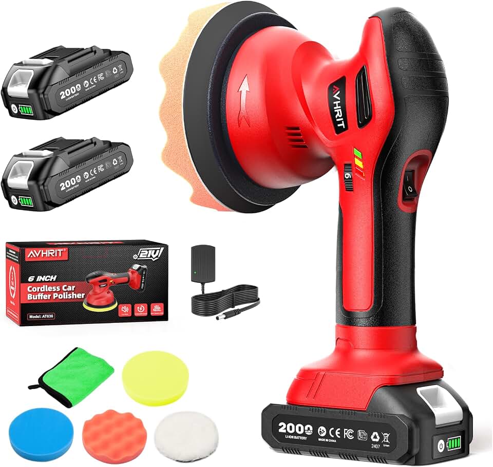 6 Inch Cordless Car Buffer Polisher kit w/ 2x2000mAh 21V Batteries | Car buffer Waxer Kit w/ 6 Speed &amp; Extra Attachments,Random Orbital Polisher for Car Detailing,Boat Sanding,Scratch Removing
