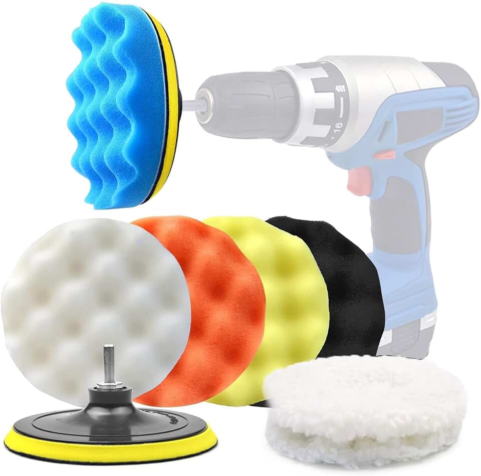 POLIWELL 11 PCS 6 Inch Car Polishing Sponge Pads Kit | 8mm M14 Drill Adapter, Wool Bonnets, Buffing for Household Electric Auto Polisher, Washing Cleaning Waxing Dusting