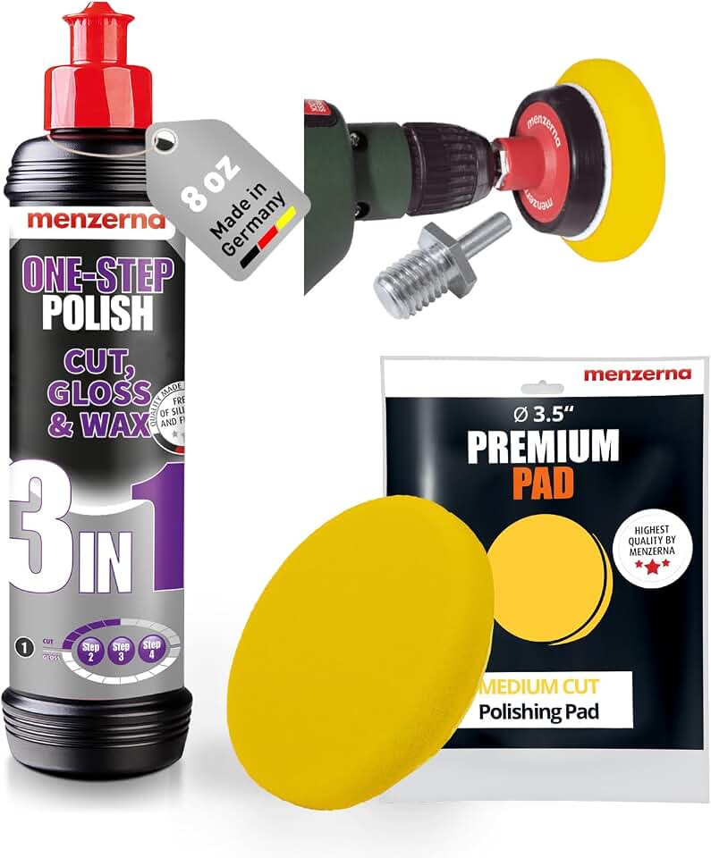 menzerna 3in1 Polishing Set I One-Step Polish 8 oz I Medium Cut Pad | Drill Machine Adapter I Polish Your Car with a Cordless Drill