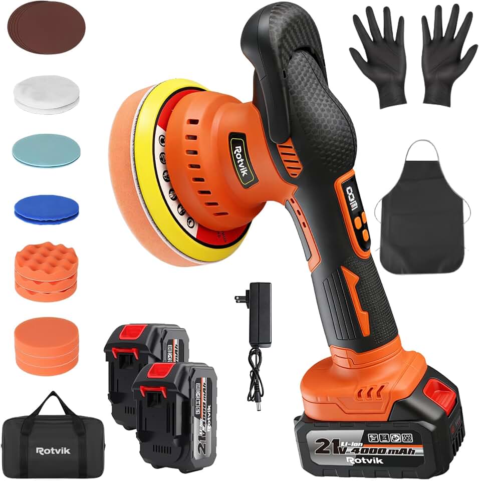 Cordless Car Buffer Polisher Kit, 2x4000mAh 21V Batteries, 6-Inch Orbital Car Polisher, 8 Variable Speeds, LED Display, 18-Piece Accessories for Waxing, Polishing &amp; Scratch Removal Global Recycled Standard