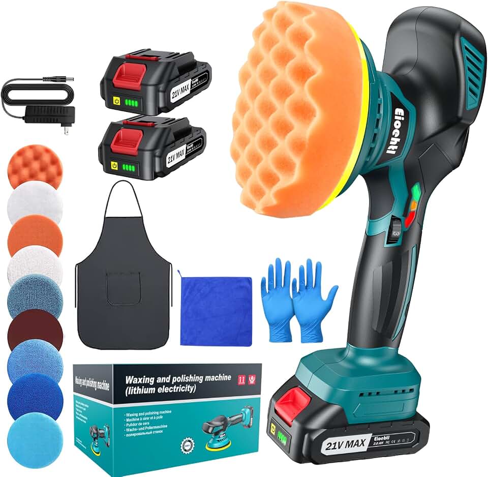 Cordless Car Buffer Polisher Kit, 6" Dual Action Random Orbital Polisher, 6 Variable Speed (1600–5500 RPM) 2×21V 2000mAh Rechargeable Batteries, 13 PCS Polishing &amp; Waxing Attachments for Car Detailing